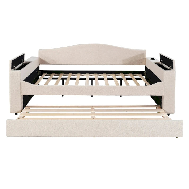 Full Size Upholstered Daybed with Storage Armrests, Trundle and Latest Integrated Bluetooth Audio System, Teddy Fleece, Pink