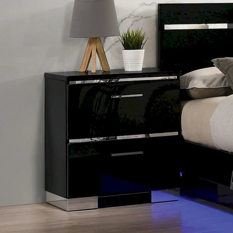 Benvolio Contemporary Black Wood LED 3-Piece Panel Bed with 2 Nightstands Set with USB Port by