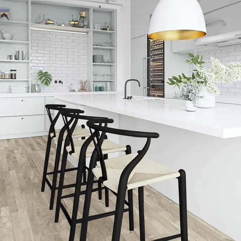 Solid Wood Countertop Height Barstool with Open Y Back Farmhouse Woven Organic Natural Chair For Kitchen Designer - N/A