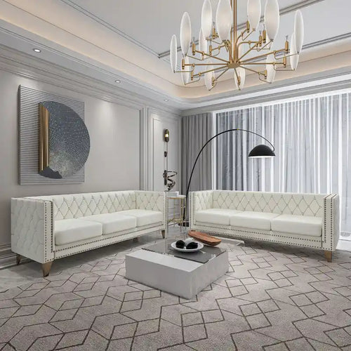 2-Pieces Velvet Upholstered 3 Seat Sofa, Classic Chesterfield Couch Buttons Tufted Square Arm Sofa with Nailheads and Metal Legs