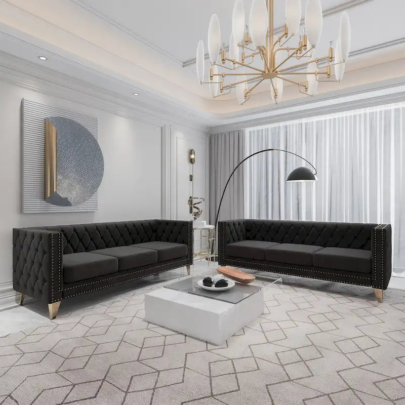 2-Pieces Velvet Upholstered 3 Seat Sofa, Classic Chesterfield Couch Buttons Tufted Square Arm Sofa with Nailheads and Metal Legs